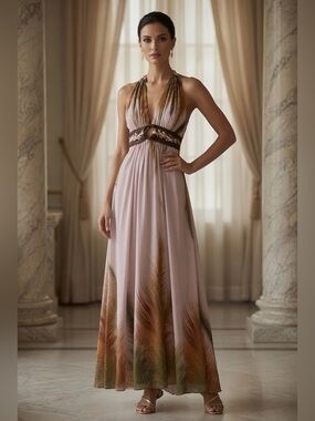 Sky long summer dress fern pattern vegan leather